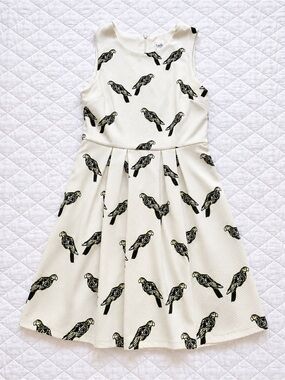 Twik by Simons Bird Print Fit & Flare Dress Medium White Textured Sleeveless
